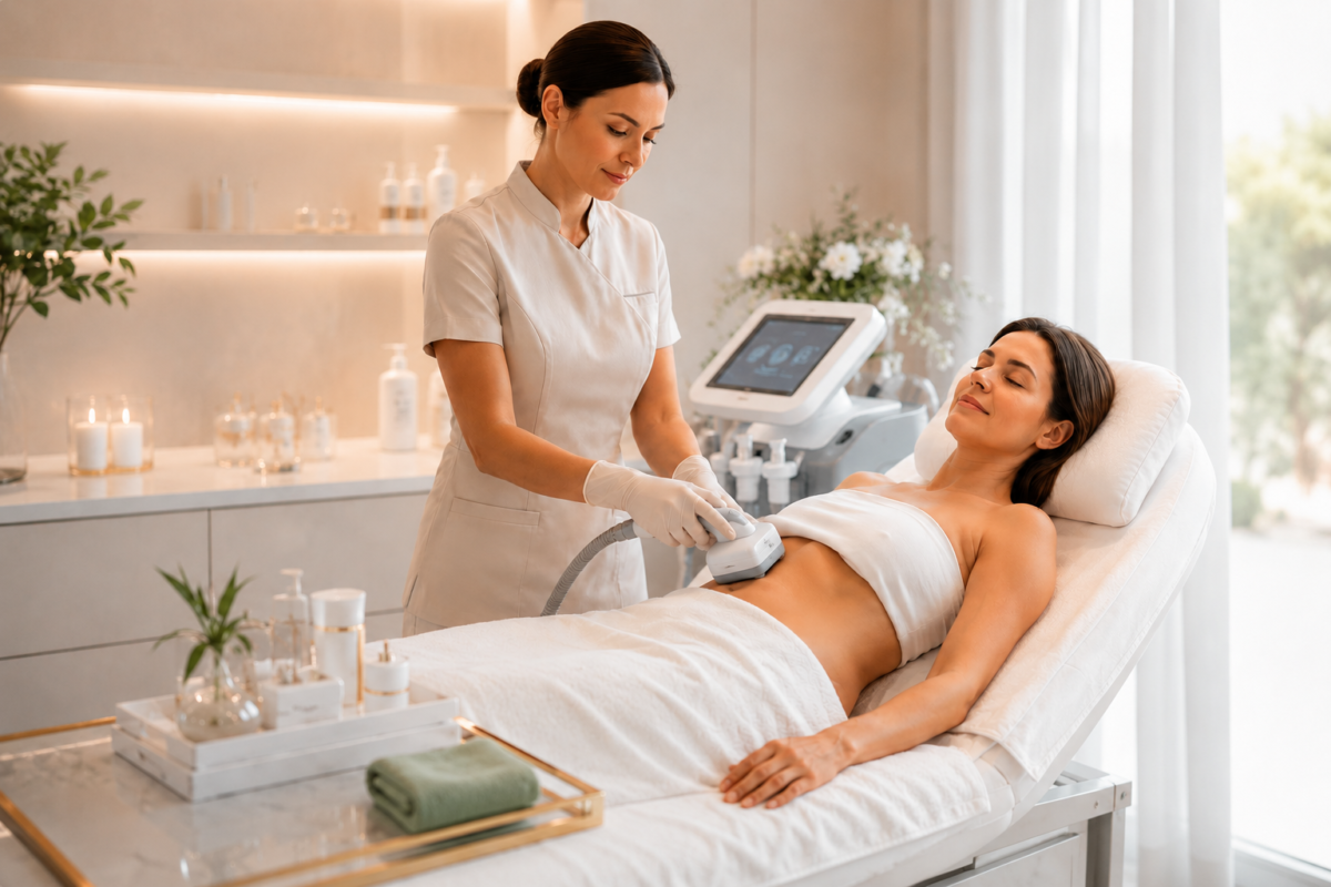 Cliente recebe procedimento estético corporal em clínica de estética e bem-estar.