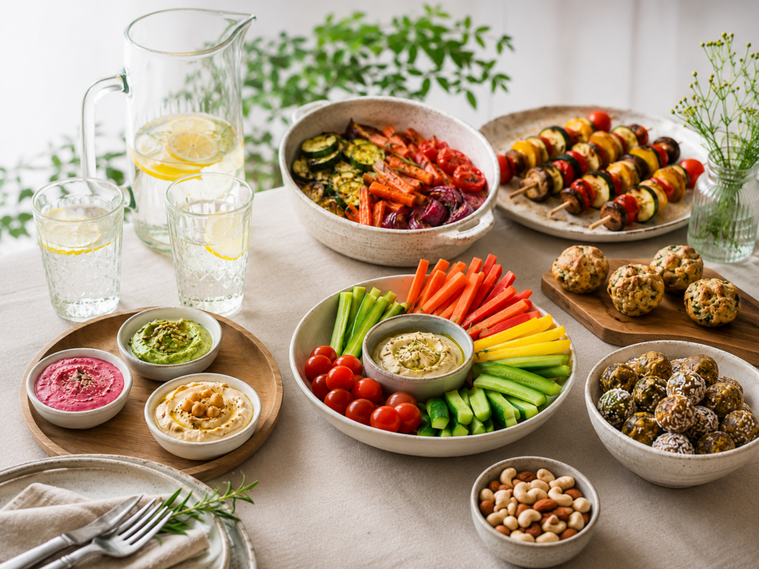 Mesa com alimentos leves, vegetais, espetinhos e água para uma alimentação saudável nos dias de jogo.