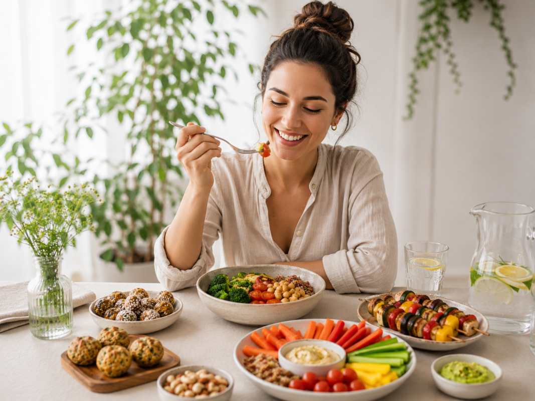 Mulher sorrindo durante uma refeição equilibrada, representando alimentação saudável nos dias de jogo.